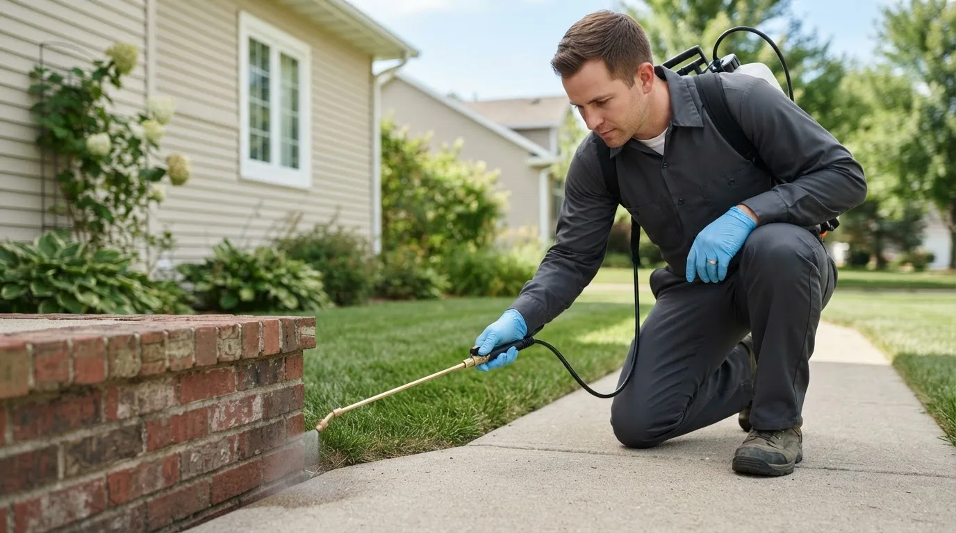 Pest control technician treating a home near Tobias, NE