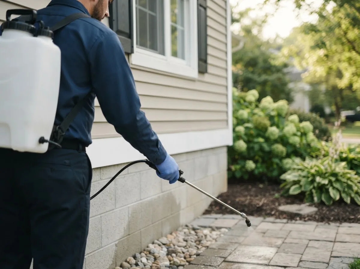 Pest control technician inspecting a home in Tobias, NE